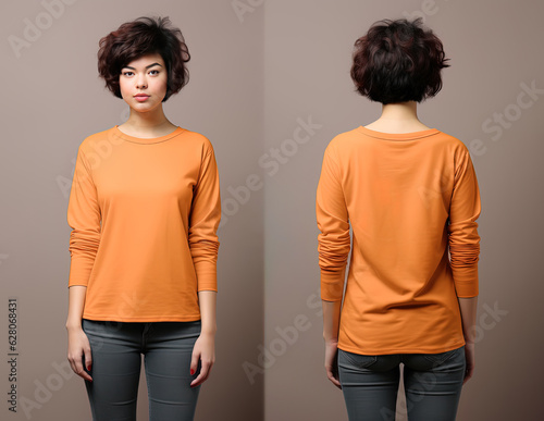 Woman wearing an orange T-shirt with long sleeves. Front and back view photo