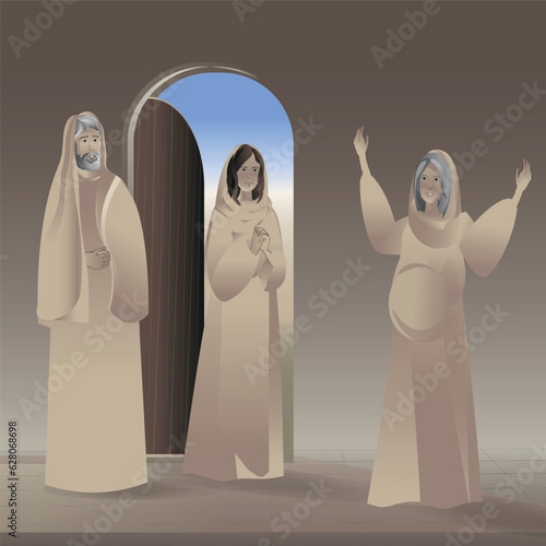 Mary visits Elizabeth. Luke 1:39-45.  Mary and Elizabeth. Elizabeth is pregnant.  Vector illustration. Bible stories. New testament. Gospel. 