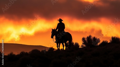 Silhouette of a person in the sunset. Silhouette of a cowboy during a glorious sunset. generative ai © amrets