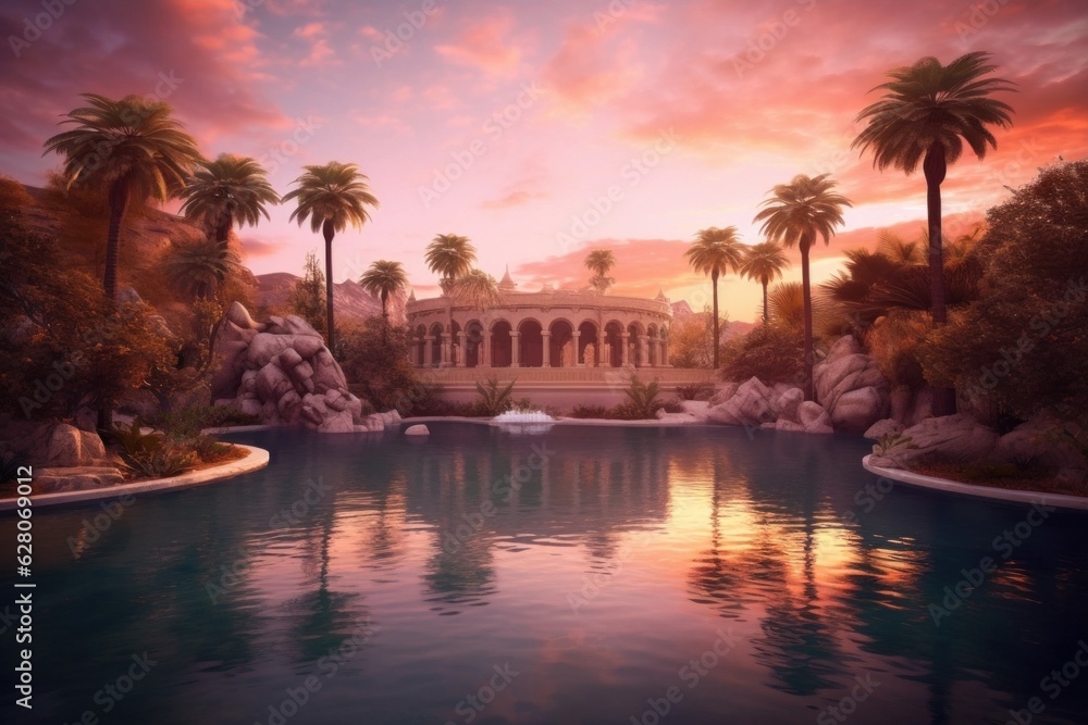 Illustration of a tranquil pool nestled amongst lush palm trees, created using generative AI technology