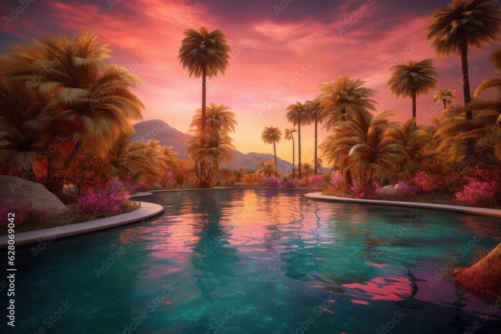 Illustration of a serene pool with palm trees in a tropical setting, created using generative AI