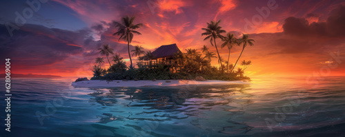 Panoramic view of a small island paradise at sunset. Generative AI