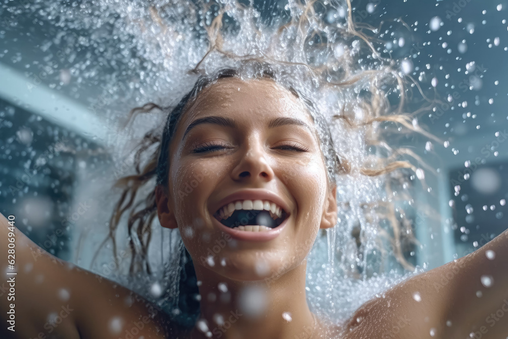 Smiling woman in the bathroom with water splashing on her face. The concept of taking a shower, washing yourself, taking care of yourself. Generative Ai, Ai. Smiling woman in the bathroom with water splashing on her face. The concept of taking a shower, washing yourself, taking care of yourself. Generative Ai, Ai.