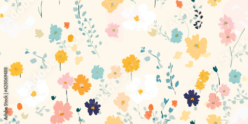 Hand drawn bright abstract little flowers print. Cute collage pattern. Fashionable template for design. Cartoon style.