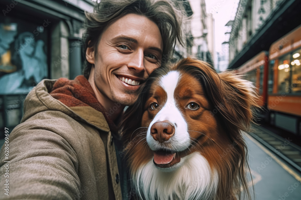 In the bustling city, a joyful Caucasian couple, accompanied by their purebred Australian Shepherd, captures a selfie as they enjoy urban life and train their pet. Generative Ai, Ai.
