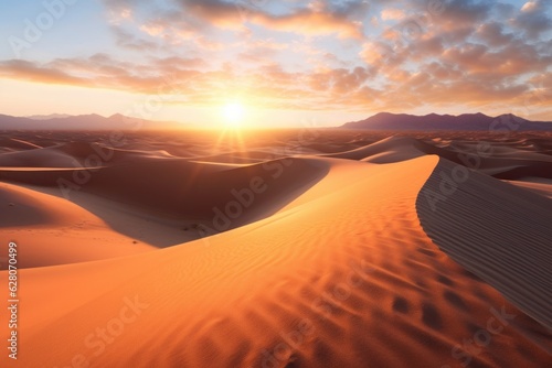 Illustration of a beautiful sunset over a desert landscape with sand dunes, created using generative AI