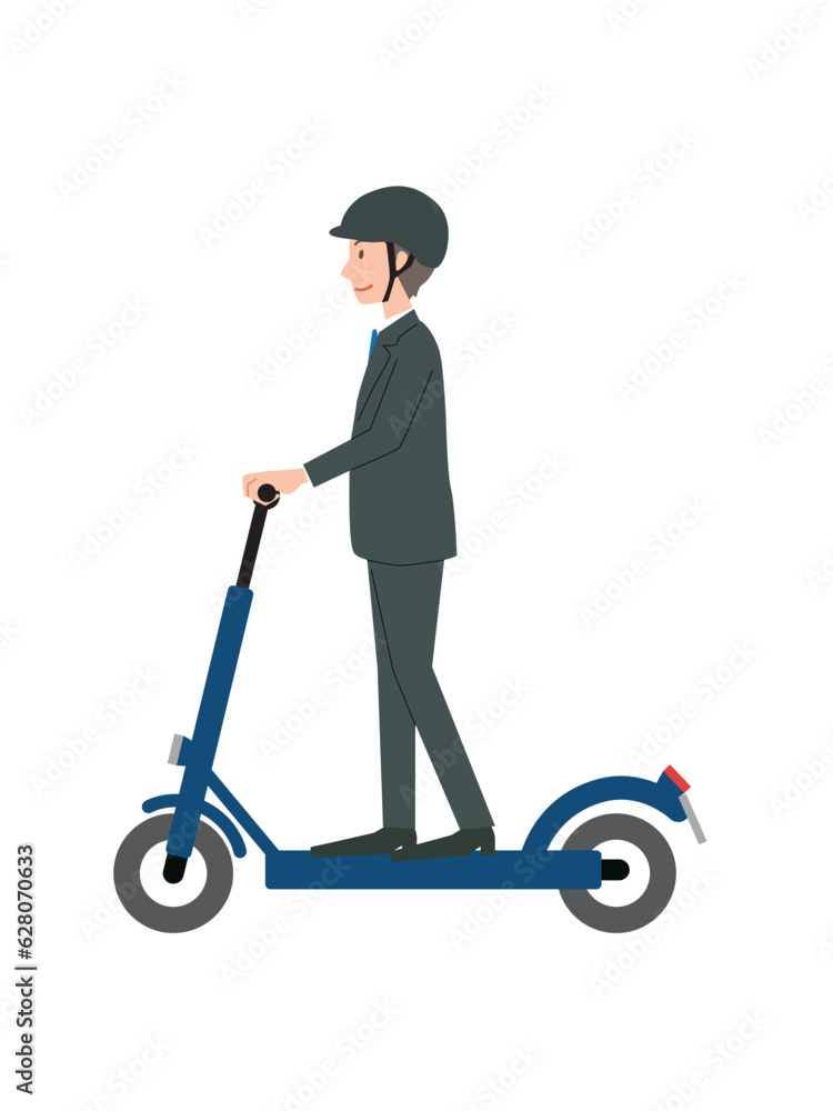 通勤で電動キックボードに乗る男性のイラスト 通勤で電動キックボードに乗る男性のイラスト