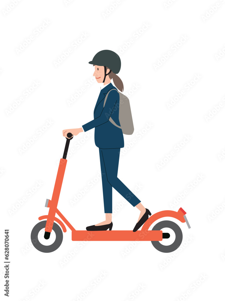 通勤で電動キックボードに乗る女性のイラスト 通勤で電動キックボードに乗る女性のイラスト