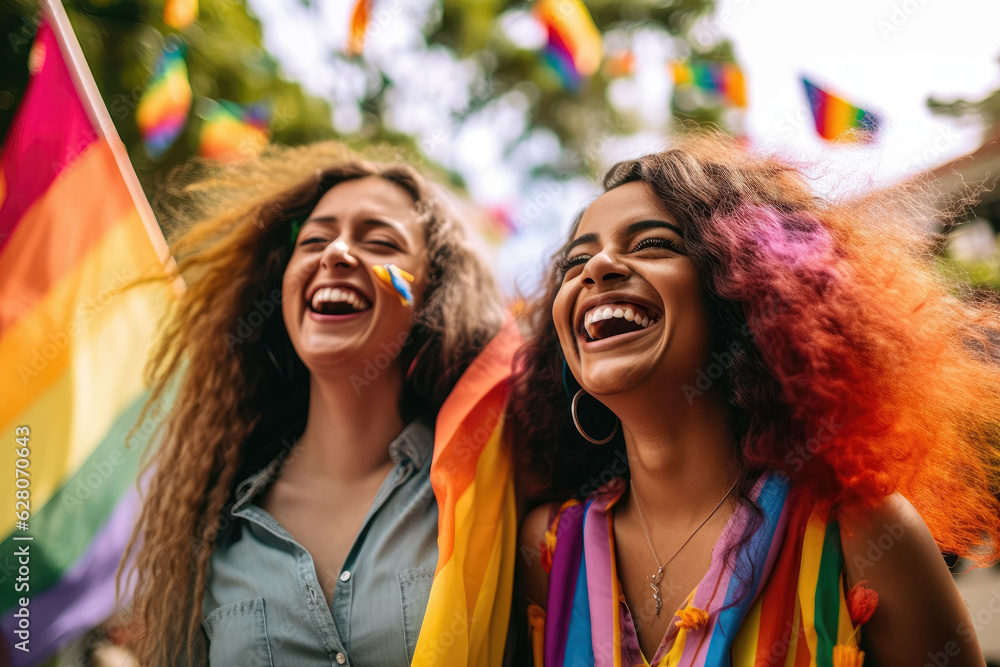 Two lesbian women smile at each other, their faces adorned with joy and warmth, while proudly displaying a rainbow flag accent. Their love and happiness radiate. Generative Ai, Ai. Two lesbian women smile at each other, their faces adorned with joy and warmth, while proudly displaying a rainbow flag accent. Their love and happiness radiate. Generative Ai, Ai.