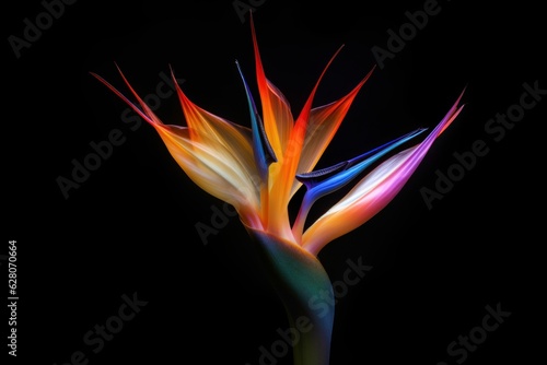 Illustration of a vibrant bird of paradise flower against a contrasting black background, created using generative AI © Marius