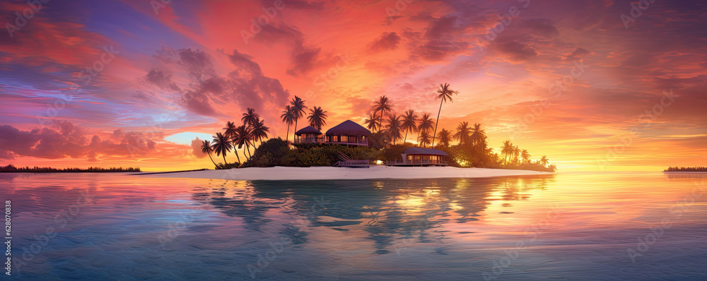 Panoramic view of a small island paradise at sunset. Generative AI