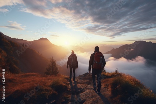 Photograph of people hiking in mountains with stunning views at sunrise  Generative AI