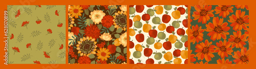 Floral seamless patterns with autumn flowers, leaves and apples. Vector background for various surface.