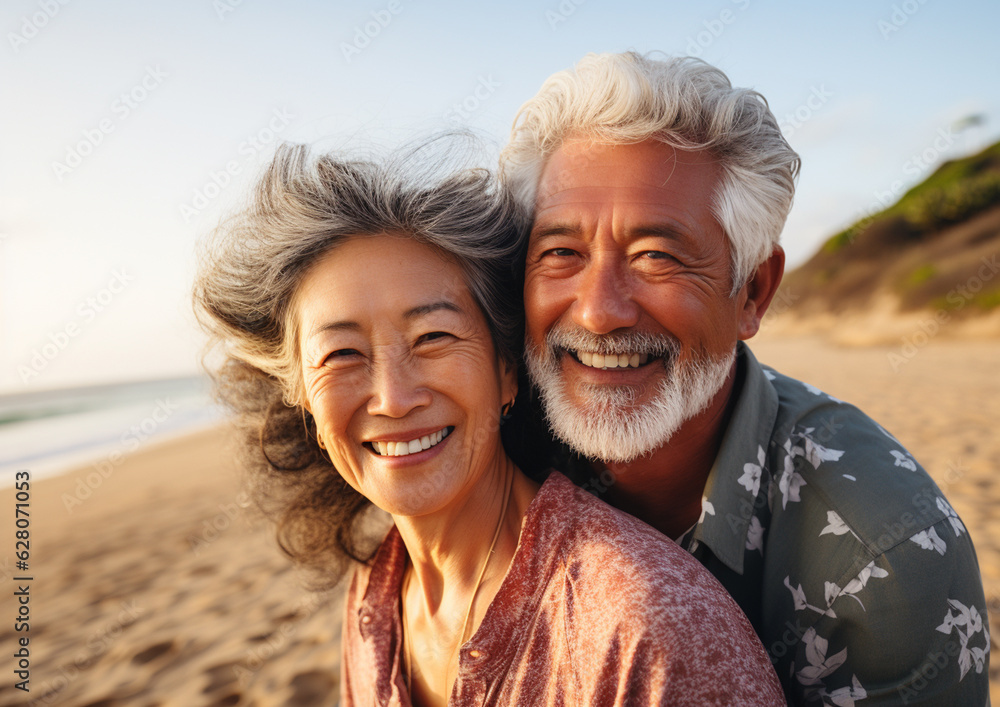 ビーチで微笑む日本人のシニア夫婦Generative AI