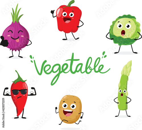 Cartoon funny Vegetable, potato, red peppers, cabbage, onion, chili and asparagus, set of Cute characters, Isolated on white background