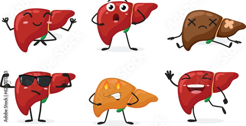 Cartoon Human liver organ emotion, set of Cute characters, Isolated on white background