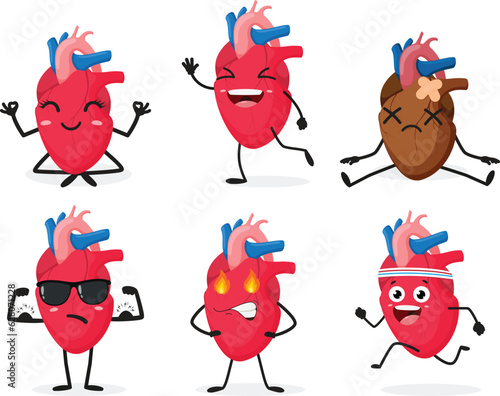 Cartoon Human heart organ emotion, set of Cute characters, Isolated on white background