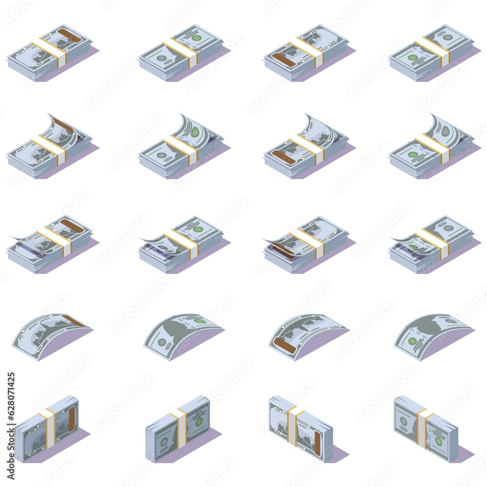 set of isometric paper money dollars on a white background, stacks of banknotes in different directions, icons for money set of isometric paper money dollars on a white background, stacks of banknotes in different directions, icons for money