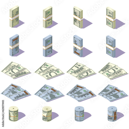 set of isometric paper money dollars on a white background, stacks of banknotes in different directions, icons for money
