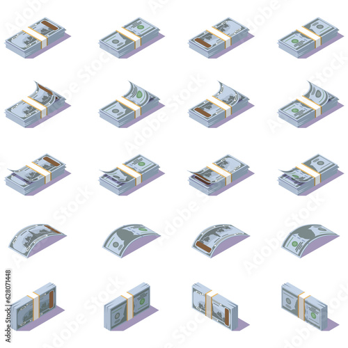 set of isometric paper money dollars on a white background, stacks of banknotes in different directions, icons for money