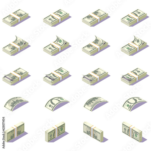 set of isometric paper money dollars on a white background, stacks of banknotes in different directions, icons for money