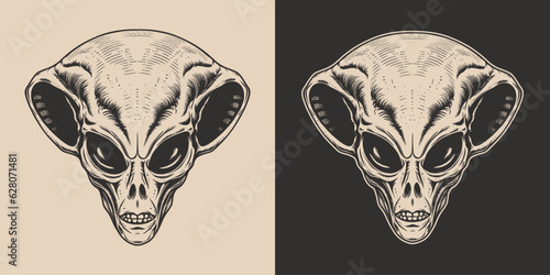 Vintage retro cartoon comics alien ufo creature humanoid person character spooky funny face portrait. Graphic Art in engraving woodcut