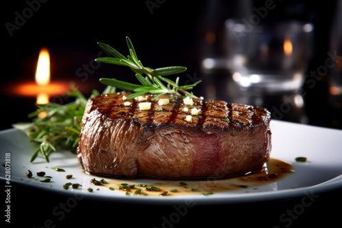 Illustration of a juicy steak on a plate with a glowing candle in the background, created using generative AI