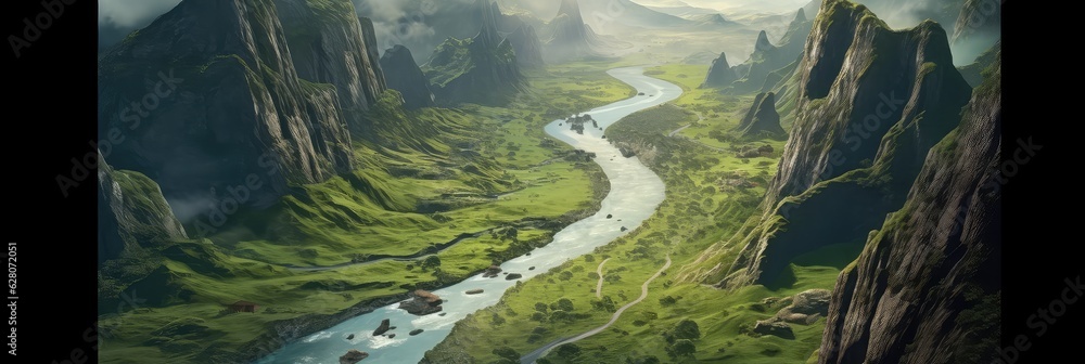 Fototapeta premium Winding river photo realistic illustration - Generative AI.