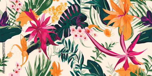 Modern exotic jungle plants illustration pattern. Creative collage contemporary floral seamless pattern. Fashionable template for design