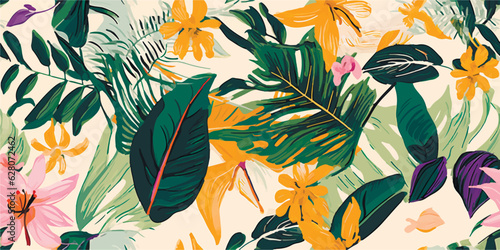 Modern exotic jungle plants illustration pattern. Creative collage contemporary floral seamless pattern. Fashionable template for design