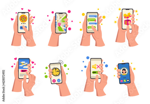 Set of illustrations of hands holding phones with different information. Vector graphic.