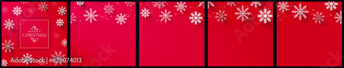 Set of 5 Red Christmas Social Media Template for Carousel Ads with copy space. 3D White Snowflake design for carousel layout with Merry Christmas greeting card. Vector Illustration. EPS 10.