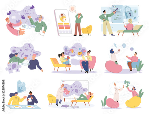 Psychologist listening to patient at mental therapy session. Growth mind and mental intelligence self development tiny person. Person talking to psychotherapist. Psychological session therapy support