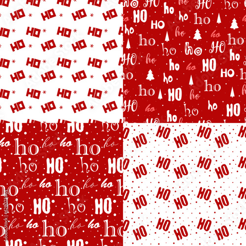Set xmas seamless pattern with text ho ho ho with red background. Hand lettering greeting Christmas Santa laugh