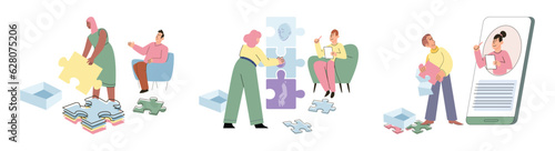 Therapy, people counseling with psychologist, persons in psychotherapist sessions. Psychological help, psychologist. Patient at psychoanalysis and CBT therapy with psychotherapist. Mental game puzzle