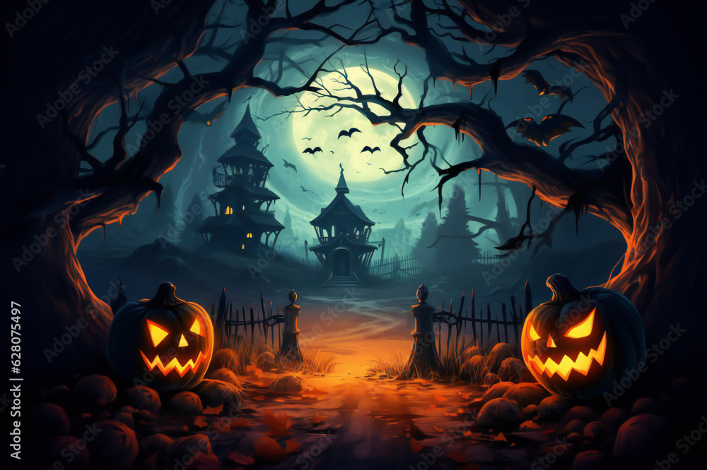 Halloween pumpkin head jack lantern with burning candles, Spooky Forest with a full moon and wooden table, Pumpkins In Graveyard In The Spooky Night - Halloween Backdrop. Ai Generative - obrazy, fototapety, plakaty 