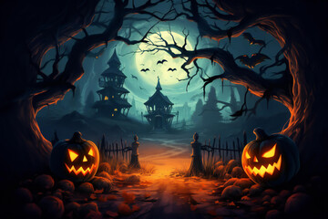Halloween pumpkin head jack lantern with burning candles, Spooky Forest with a full moon and wooden table, Pumpkins In Graveyard In The Spooky Night - Halloween Backdrop. Ai Generative