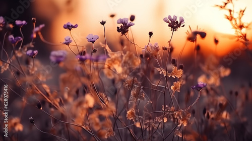 Delicate orange purple sunset, Dry plants and white flowers. Generative Ai © RUMA