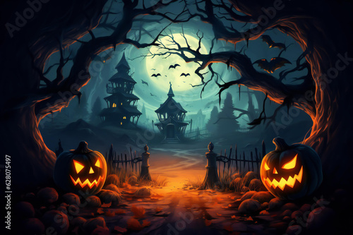 Halloween pumpkin head jack lantern with burning candles, Spooky Forest with a full moon and wooden table, Pumpkins In Graveyard In The Spooky Night - Halloween Backdrop. Ai Generative photo