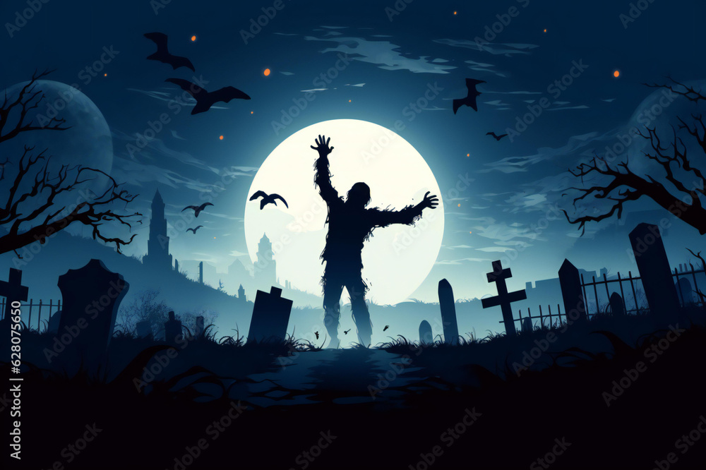 Zombie Hand Rising Out Of A Graveyard In Spooky Night, Halloween Backdrop. Ai Generative