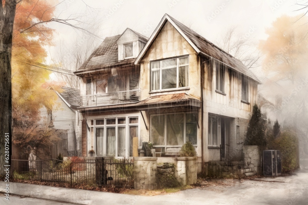 Illustration of a foggy day with a house in the background, created using generative AI
