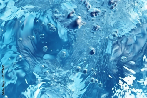 Transparent blue clear water surface texture with ripples, splashes, and bubbles. Abstract summer banner background Water waves in sunlight. Ai Generative.