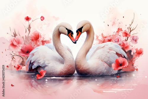 Celebrate love's elegance with this watercolor illustration of two swans in a tender embrace, perfect for a heartfelt Valentine's Day card. Ai generated photo