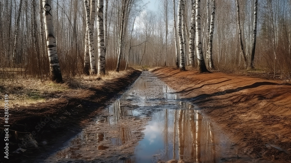 Early spring in a birch grove, Melting snow and puddles on the road in the forest. Generative Ai