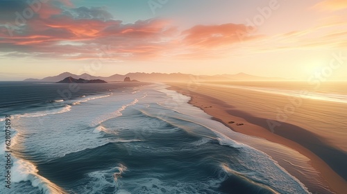 Beautiful sea sunset, neon light, sea waves, sand desert. Generative AI