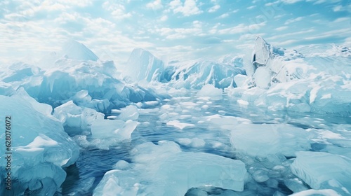 Frozen water in the lake, arctic winter landscape. Generative AI