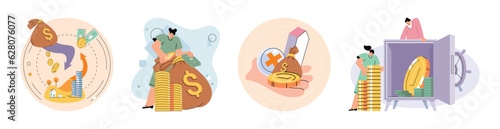 Businessman with coins. Public finance set, cash savings., bank deposit in safe. Metaphor of financial literacy and passive income, successful investor. Person holding stack of dollar money and bag