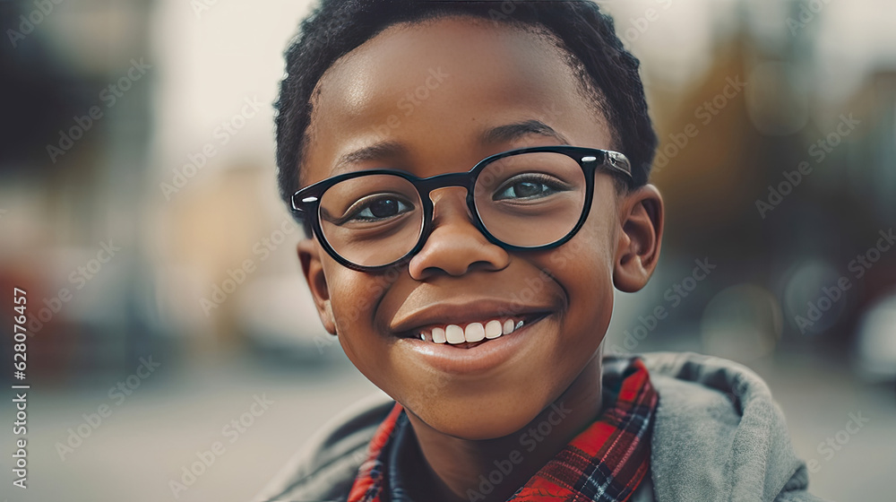 Obraz premium Happy satisfied black people boy wearing glasses portrait outside. Generative Ai