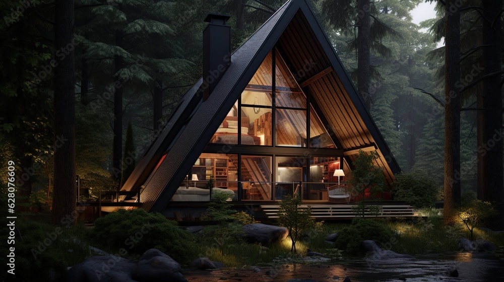 Atmospheric A-frame house in a dark forest. Generative AI Atmospheric A-frame house in a dark forest. Generative AI