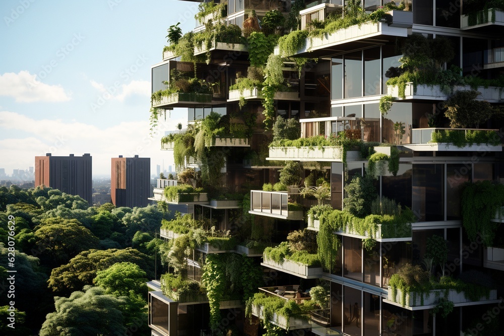 Concept of sustainability in the architecture industry with green buildings, Generative AI